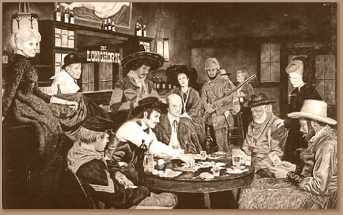 Люди, стол, ружье, вывеска